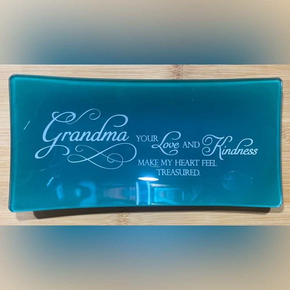 Trinket Tray Dish Grandma By Abbey Press Green Glass 4.5”X9”